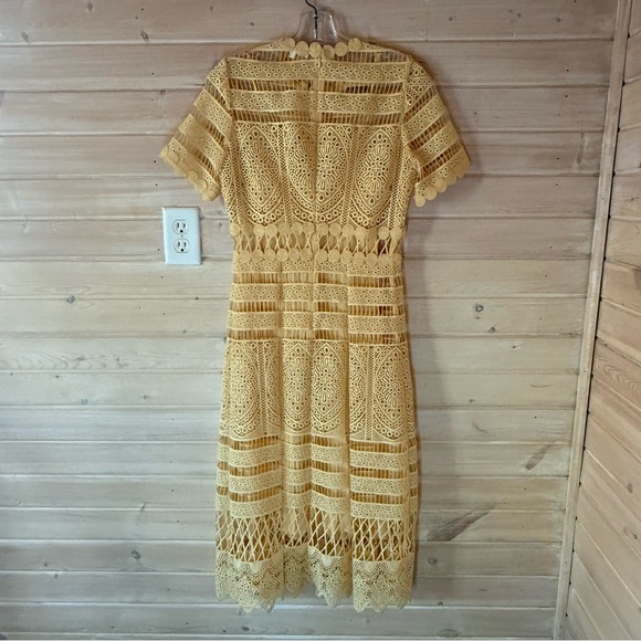 Maje Yellow Lace Guipure Short Sleeve Midi Dress Size 1 (US 4) Fit and Flare